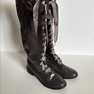 A Line Cosplay Ren Faire patent Gray Women's Lace-Up Boots sz 6 EUC FALL WINTER